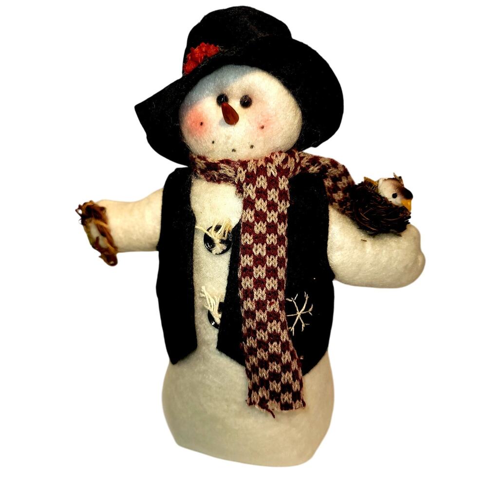 Snowman Beanbag Type 11" White Shiny Felt Body Rustic Vest Scarf Hat Bird Nest